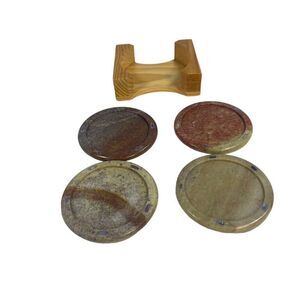 Handcrafted Stone Coasters With Wooden Holder Set Of 4 4" Diameter Onyx With Lip